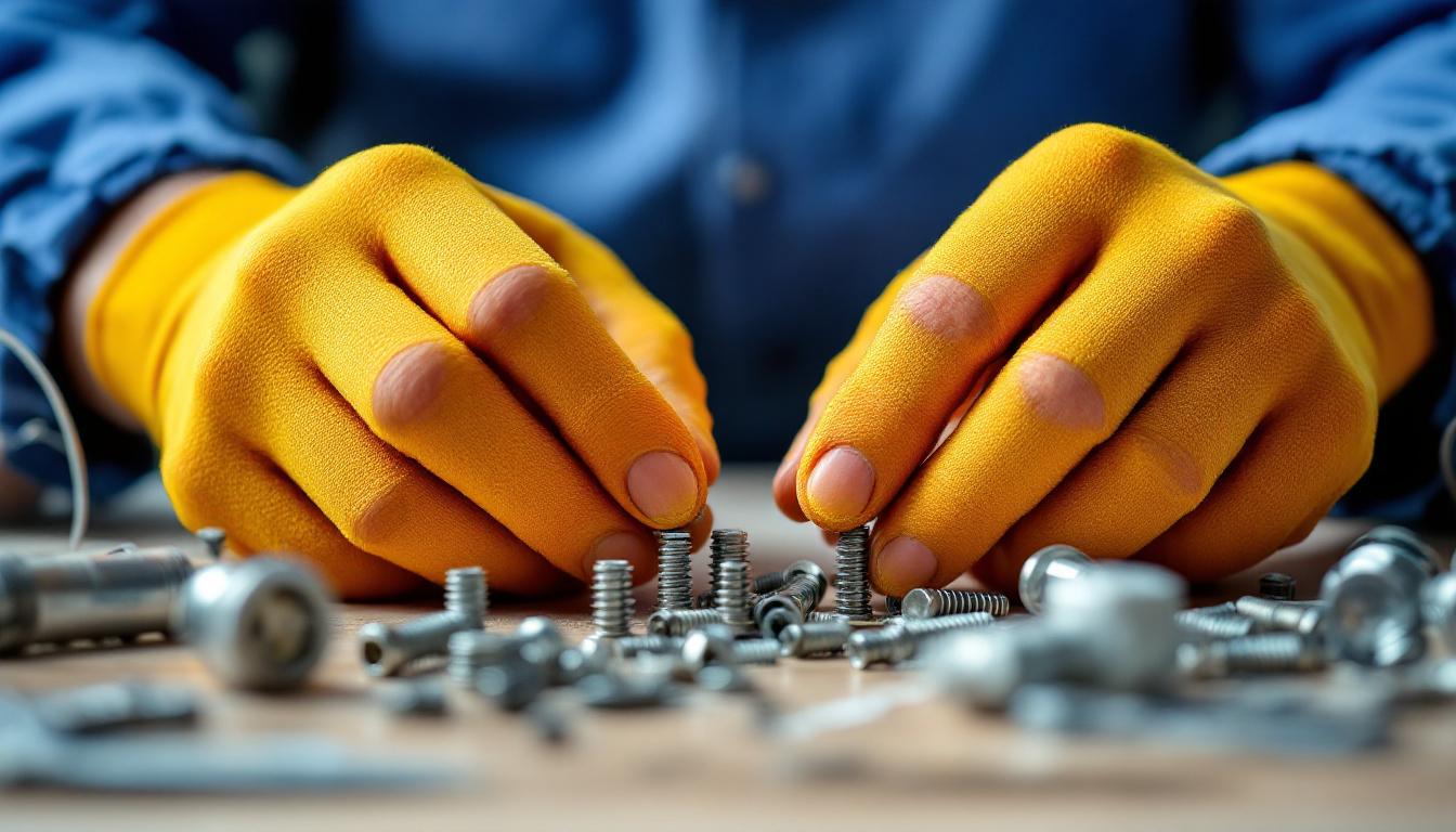 A photograph of a close-up shot of a lighting contractor's hands working with various replacement screws and a light fixture