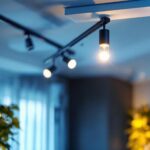 A photograph of a professional lighting contractor installing an elegant track light system in a modern interior space