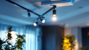 A photograph of a professional lighting contractor installing an elegant track light system in a modern interior space