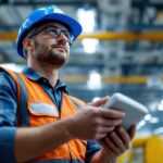 A photograph of a lighting contractor installing a high bay occupancy sensor in a spacious industrial setting