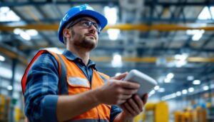 A photograph of a lighting contractor installing a high bay occupancy sensor in a spacious industrial setting