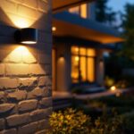 A photograph of a stylish black exterior house light illuminating a beautifully landscaped outdoor space during twilight