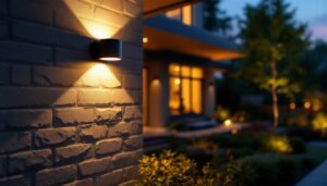 A photograph of a stylish black exterior house light illuminating a beautifully landscaped outdoor space during twilight