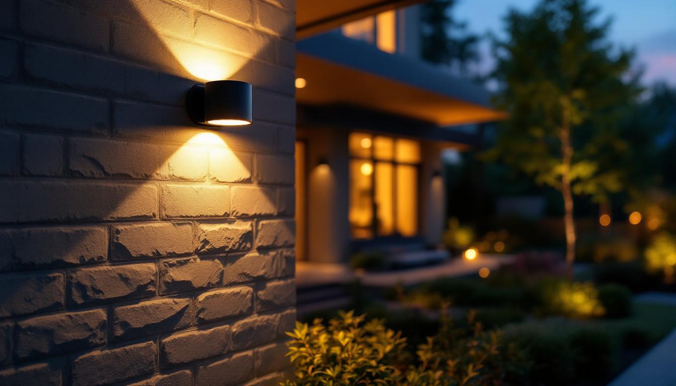A photograph of a stylish black exterior house light illuminating a beautifully landscaped outdoor space during twilight