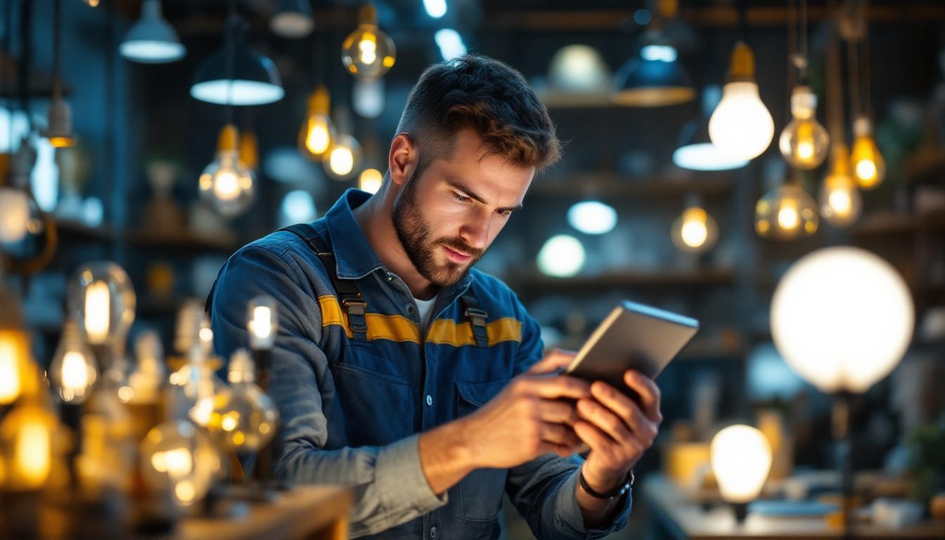 A photograph of a skilled lighting contractor examining various light bulbs and lamps in a well-lit showroom