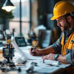 A photograph of a lighting contractor reviewing plans and inspecting a variety of tospo light bulbs in a well-lit workspace