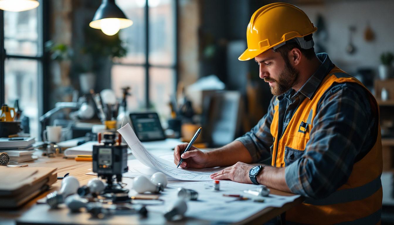 A photograph of a lighting contractor reviewing plans and inspecting a variety of tospo light bulbs in a well-lit workspace