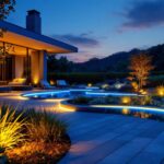 A photograph of a beautifully illuminated outdoor space featuring solar-powered led strips integrated into landscaping or architectural elements