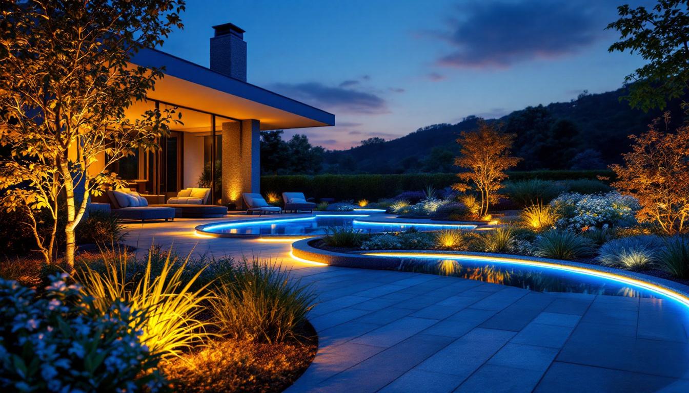 A photograph of a beautifully illuminated outdoor space featuring solar-powered led strips integrated into landscaping or architectural elements