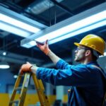 A photograph of a lighting contractor installing an 8-foot led fluorescent replacement fixture in a commercial setting