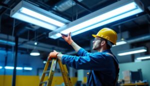 A photograph of a lighting contractor installing an 8-foot led fluorescent replacement fixture in a commercial setting