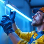 A photograph of a lighting contractor installing high lumen led light strips in a modern interior setting