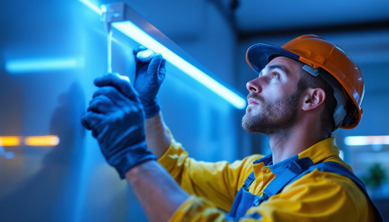 A photograph of a lighting contractor installing high lumen led light strips in a modern interior setting