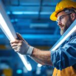 A photograph of a lighting contractor installing or showcasing an array of led tube lights in a commercial setting