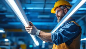 A photograph of a lighting contractor installing or showcasing an array of led tube lights in a commercial setting