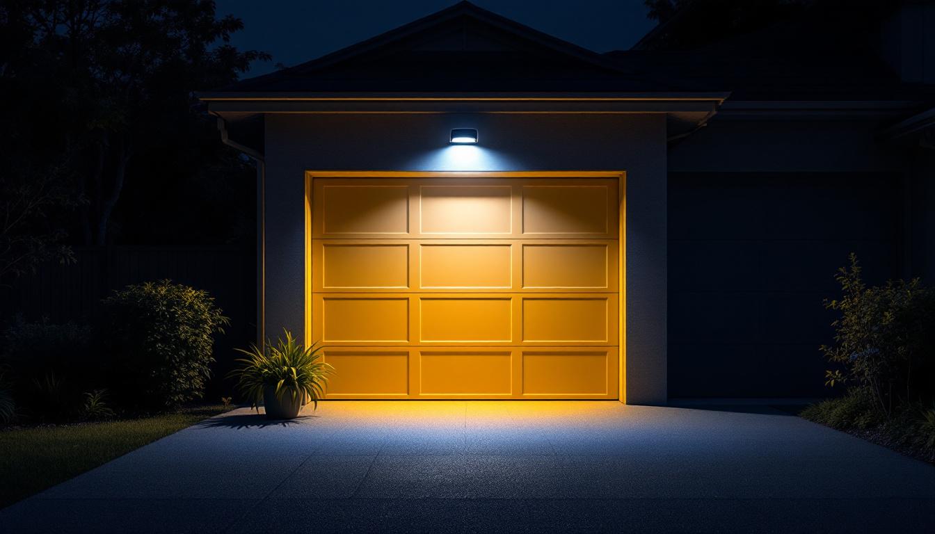 A photograph of a motion-activated garage light in action