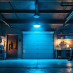 A photograph of a well-lit garage showcasing various led light fixtures in use