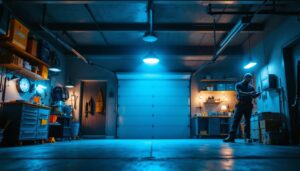 A photograph of a well-lit garage showcasing various led light fixtures in use