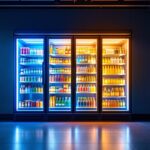 A photograph of a well-lit walk-in cooler showcasing vibrant led lights illuminating various products