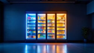 A photograph of a well-lit walk-in cooler showcasing vibrant led lights illuminating various products