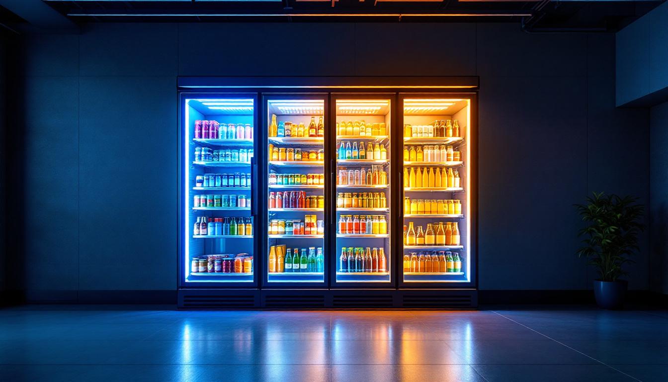 A photograph of a well-lit walk-in cooler showcasing vibrant led lights illuminating various products