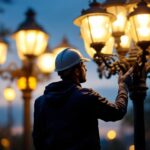 A photograph of a lighting contractor inspecting a lamppost installation at dusk