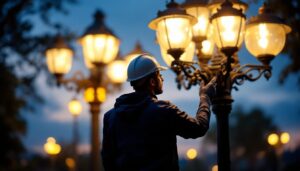 A photograph of a lighting contractor inspecting a lamppost installation at dusk