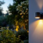A photograph of a stylish outdoor wall spotlight illuminating a beautifully landscaped garden or patio at dusk