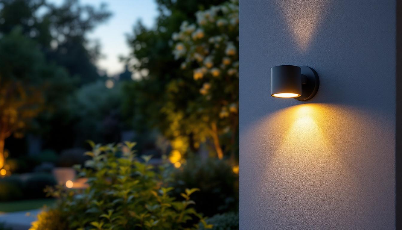 A photograph of a stylish outdoor wall spotlight illuminating a beautifully landscaped garden or patio at dusk