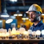 A photograph of a lighting contractor examining a variety of led bulbs alongside different light fixtures in a well-lit workshop