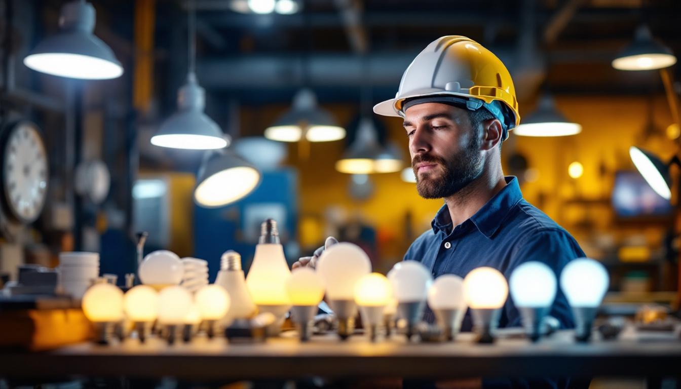 A photograph of a lighting contractor examining a variety of led bulbs alongside different light fixtures in a well-lit workshop