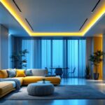 A photograph of a modern interior space featuring stylish white recessed lighting