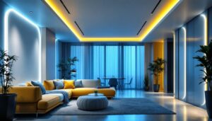 A photograph of a modern interior space featuring stylish white recessed lighting
