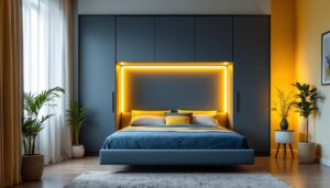 A photograph of a stylishly designed murphy bed in a cozy