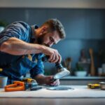 A photograph of a skilled lighting contractor installing a 6-inch recessed light cover in a stylish interior space