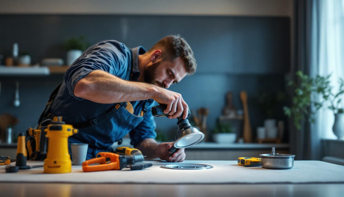 A photograph of a skilled lighting contractor installing a 6-inch recessed light cover in a stylish interior space