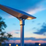 A photograph of a sleek solar-powered light pole illuminated at dusk