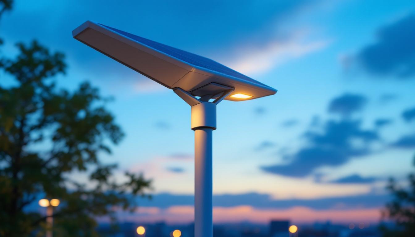 A photograph of a sleek solar-powered light pole illuminated at dusk