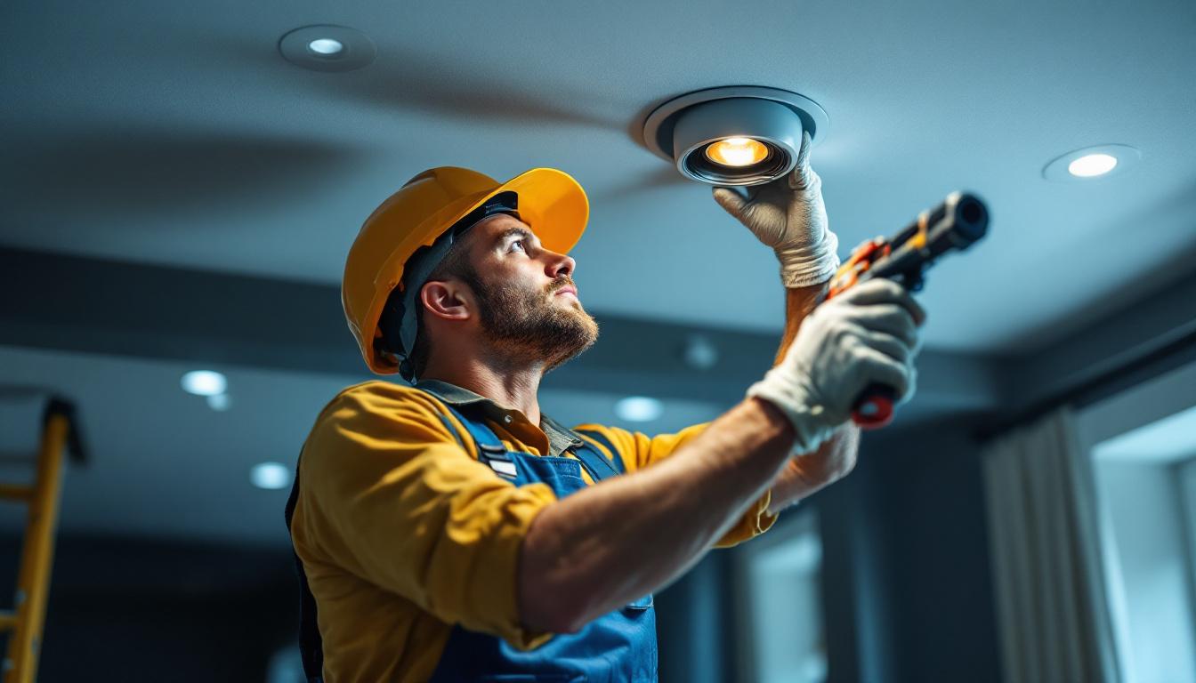 A photograph of a lighting contractor skillfully installing recessed lighting in a modern ceiling