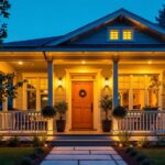 A photograph of a beautifully designed porch illuminated by unique and artistic light fixtures
