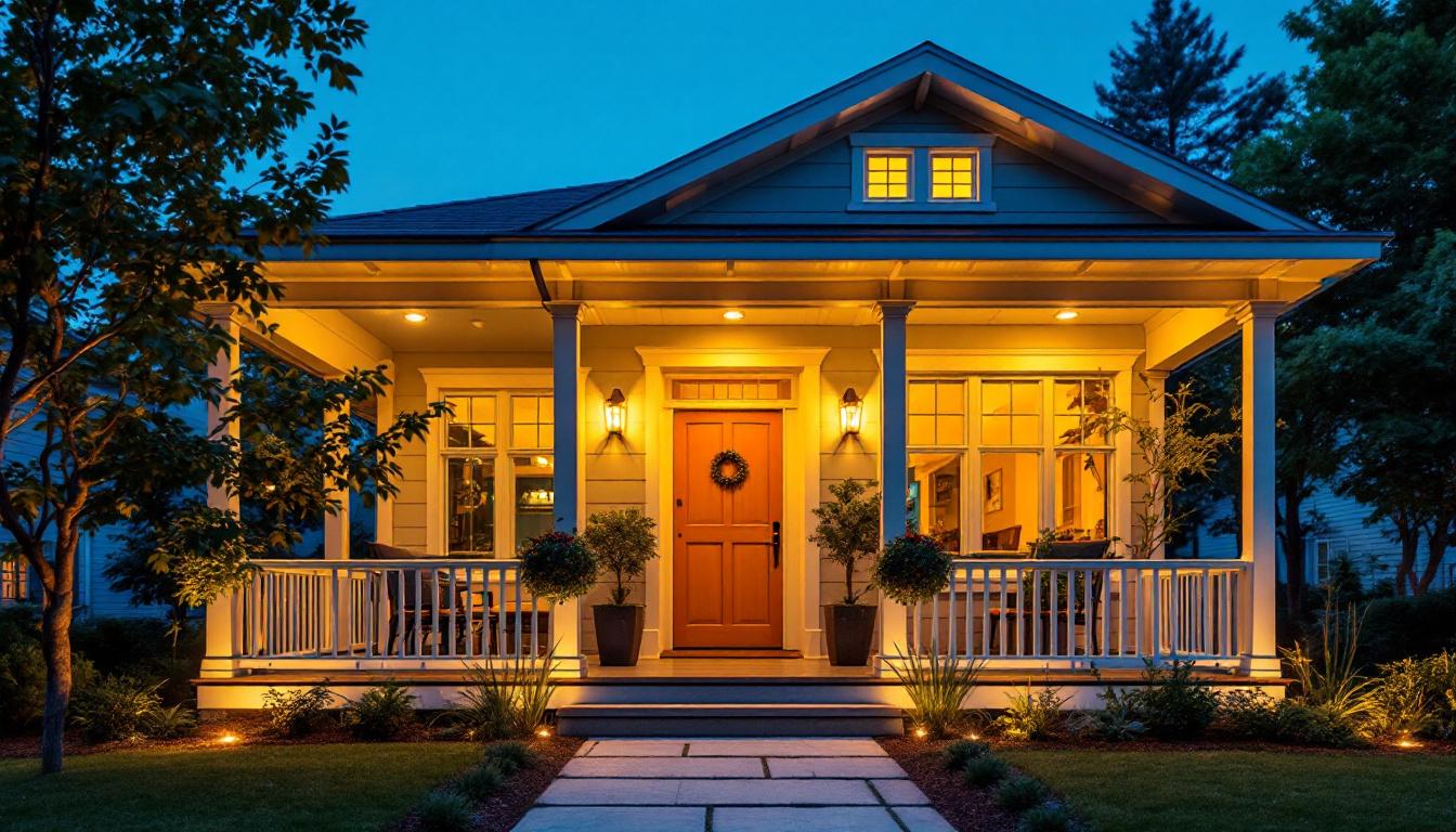 A photograph of a beautifully designed porch illuminated by unique and artistic light fixtures