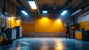 A photograph of a well-lit garage showcasing various types of lighting fixtures
