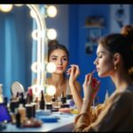 A photograph of a well-lit makeup vanity featuring a model applying makeup under various types of lighting