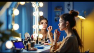 A photograph of a well-lit makeup vanity featuring a model applying makeup under various types of lighting