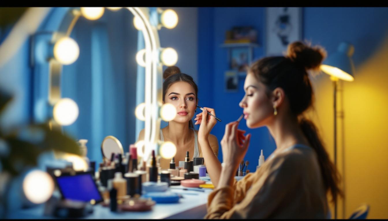 A photograph of a well-lit makeup vanity featuring a model applying makeup under various types of lighting