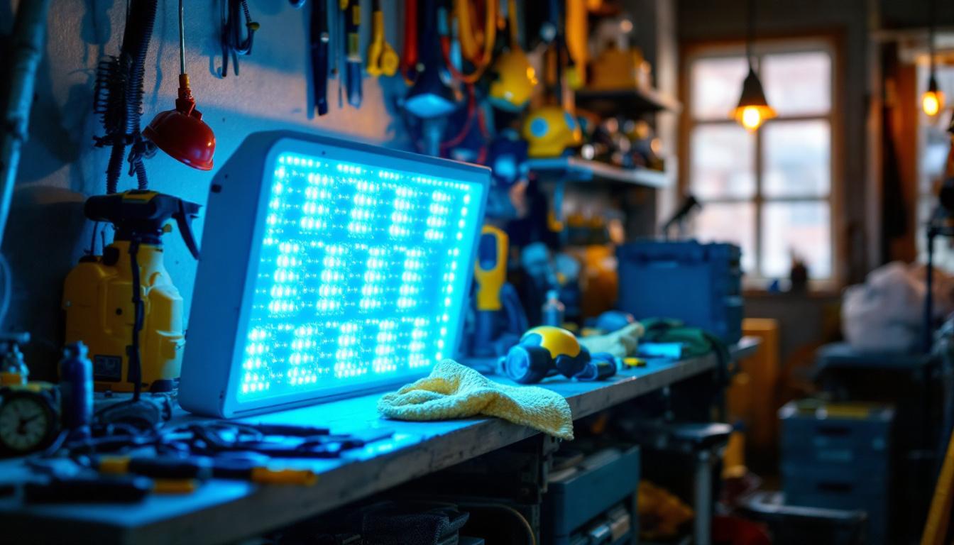A photograph of a uvc germicidal lamp in a professional lighting contractor's workspace