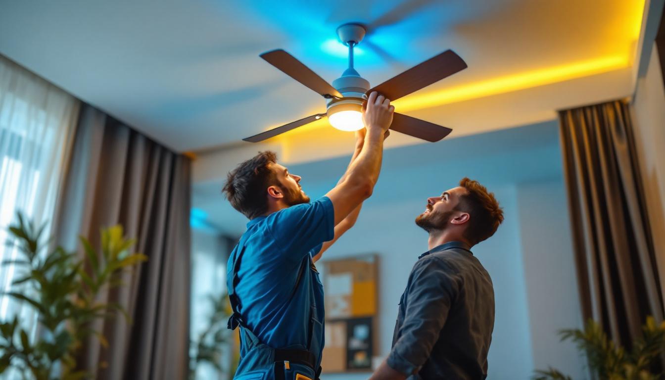 A photograph of a skilled lighting contractor installing a stylish light kit on a ceiling fan in a modern living space