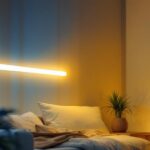 A photograph of a well-lit room featuring a stylish dimmable fluorescent light fixture in action