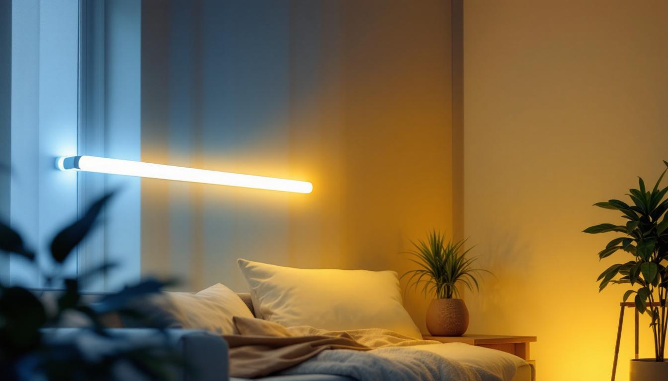 A photograph of a well-lit room featuring a stylish dimmable fluorescent light fixture in action