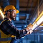 A photograph of a lighting contractor efficiently installing f32t8/tl941 fluorescent tubes in a well-lit commercial space